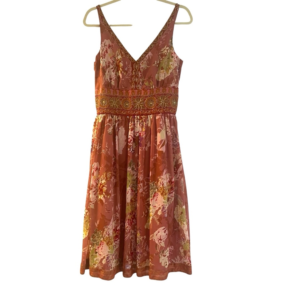 Derhy Elegant Floral Midi Dress - Coral and Olive